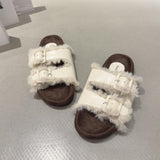 Buckled Fleece-Lined Platform Slide Sandals