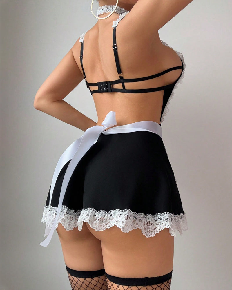 Lace Patchwork Open Back Maid Uniform Lingerie Set