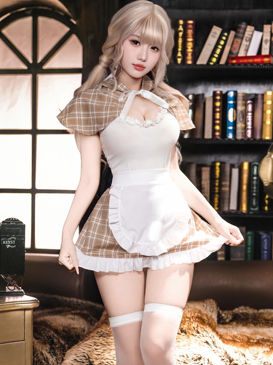 Brown Plaid Maid Cosplay Lingerie Set
