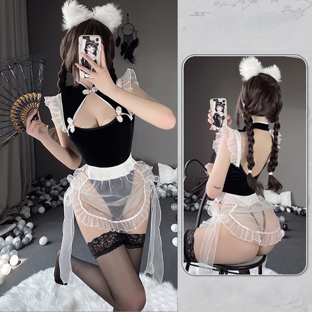 Chinese Maid Lingerie Set Hollow Out Anime Bodysuit with Mesh Apron
