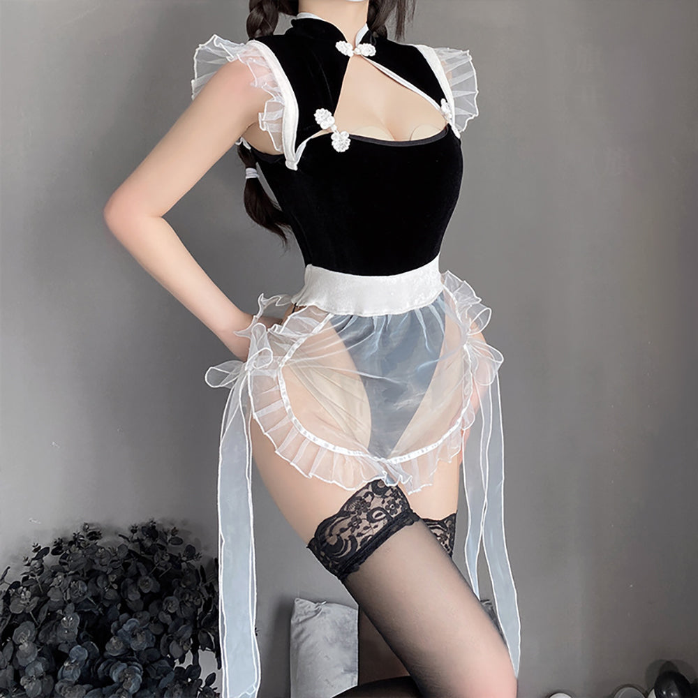 Chinese Maid Lingerie Set Hollow Out Anime Bodysuit with Mesh Apron