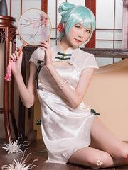 Chinese Cheongsam Dress White Side Slit Tradition Anime Cosplay Costume