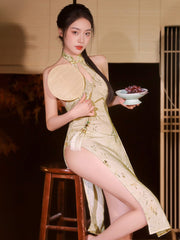 Yellow Floral High Slit Cheongsam