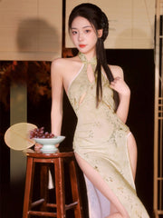Yellow Floral High Slit Cheongsam