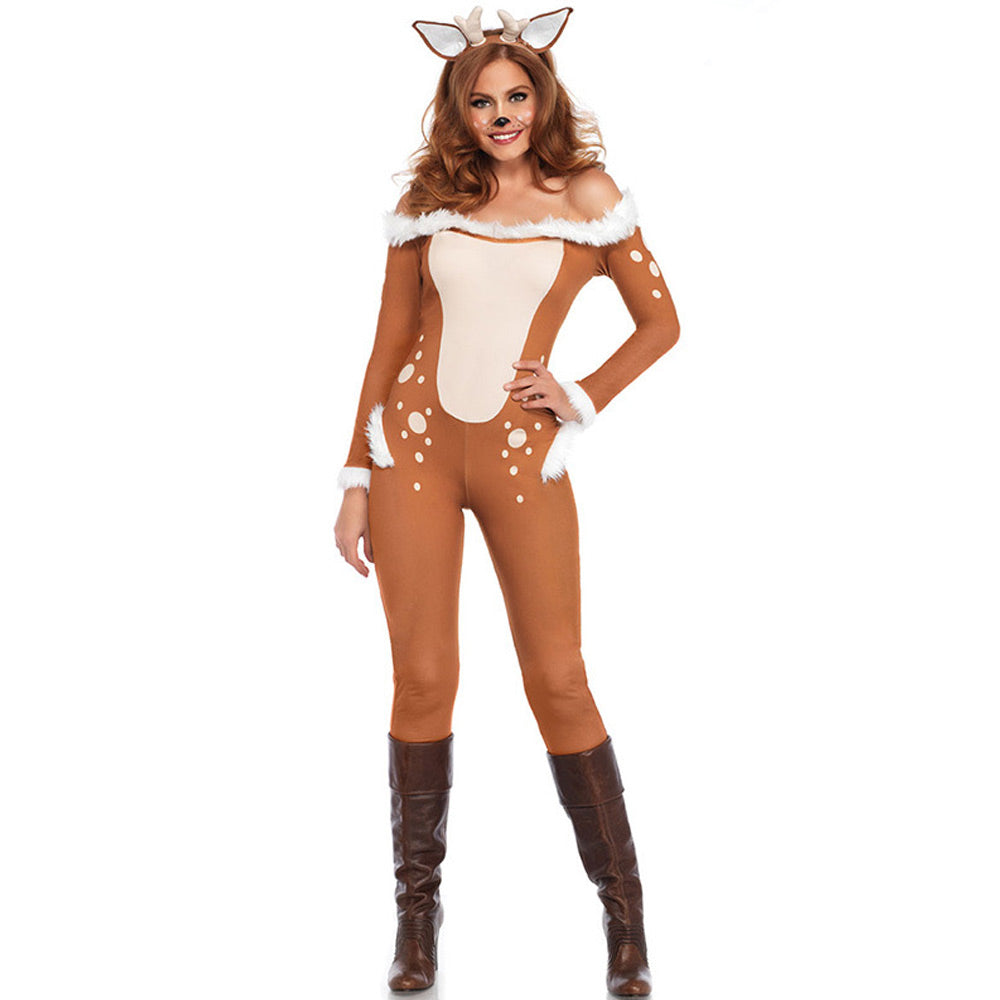 Deer Costume Adult Reindeer Animal Cosplay Outfit Women's Christmas Off Shoulder Party Jumpsuit
