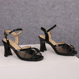 Chunky Heel Ankle Strap Mesh Panel Rhinestone Bow Patent Leather Sandals