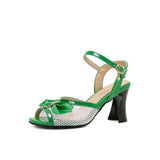 Chunky Heel Ankle Strap Mesh Panel Rhinestone Bow Patent Leather Sandals