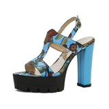 Chunky Heel Floral Print Faux Leather Slingback Sandals