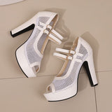 Chunky Heel Peep Toe Mesh Panel Faux Leather Mary Jane Sandals