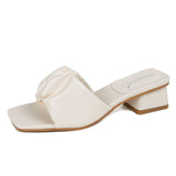 Chunky Heel Square Toe Plain Ruched Faux Leather Sandals