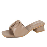 Chunky Heel Square Toe Plain Ruched Faux Leather Sandals