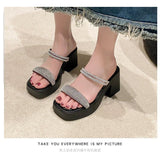 Chunky Heel Square Toe Rhinestone Strap Sandals