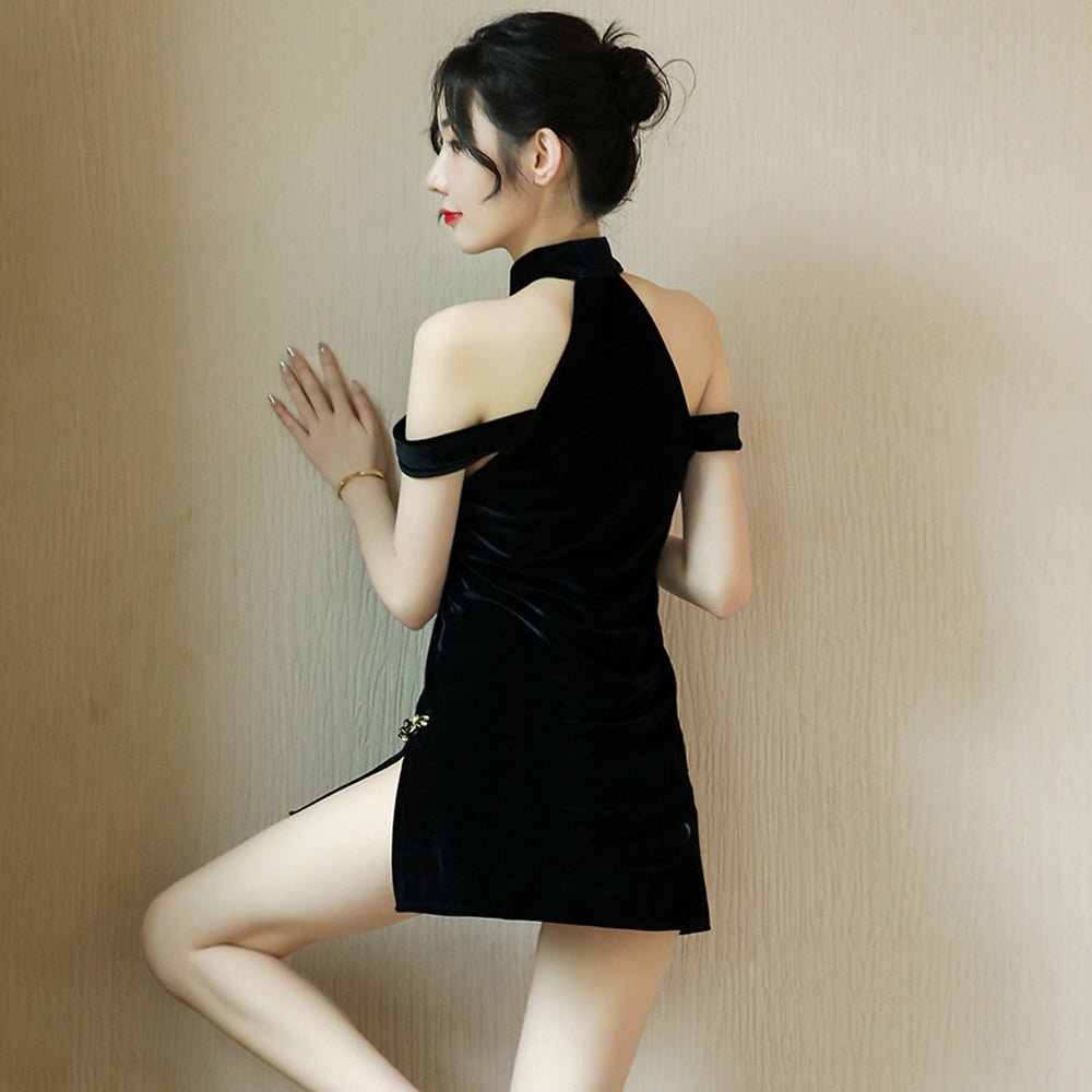 Chinese Mini Dress Black Cold Shoulder Side Slit Dress