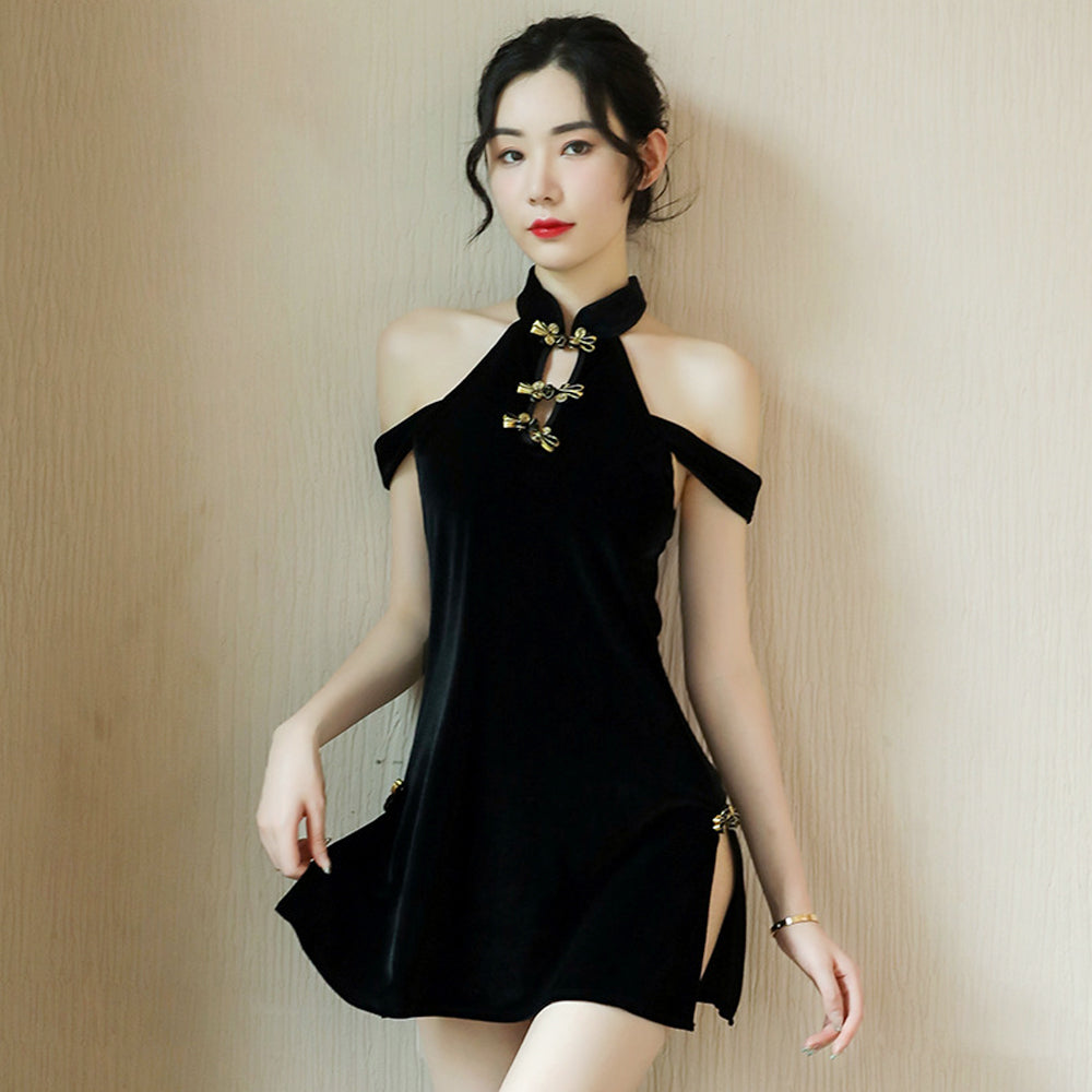 Chinese Mini Dress Black Cold Shoulder Side Slit Dress