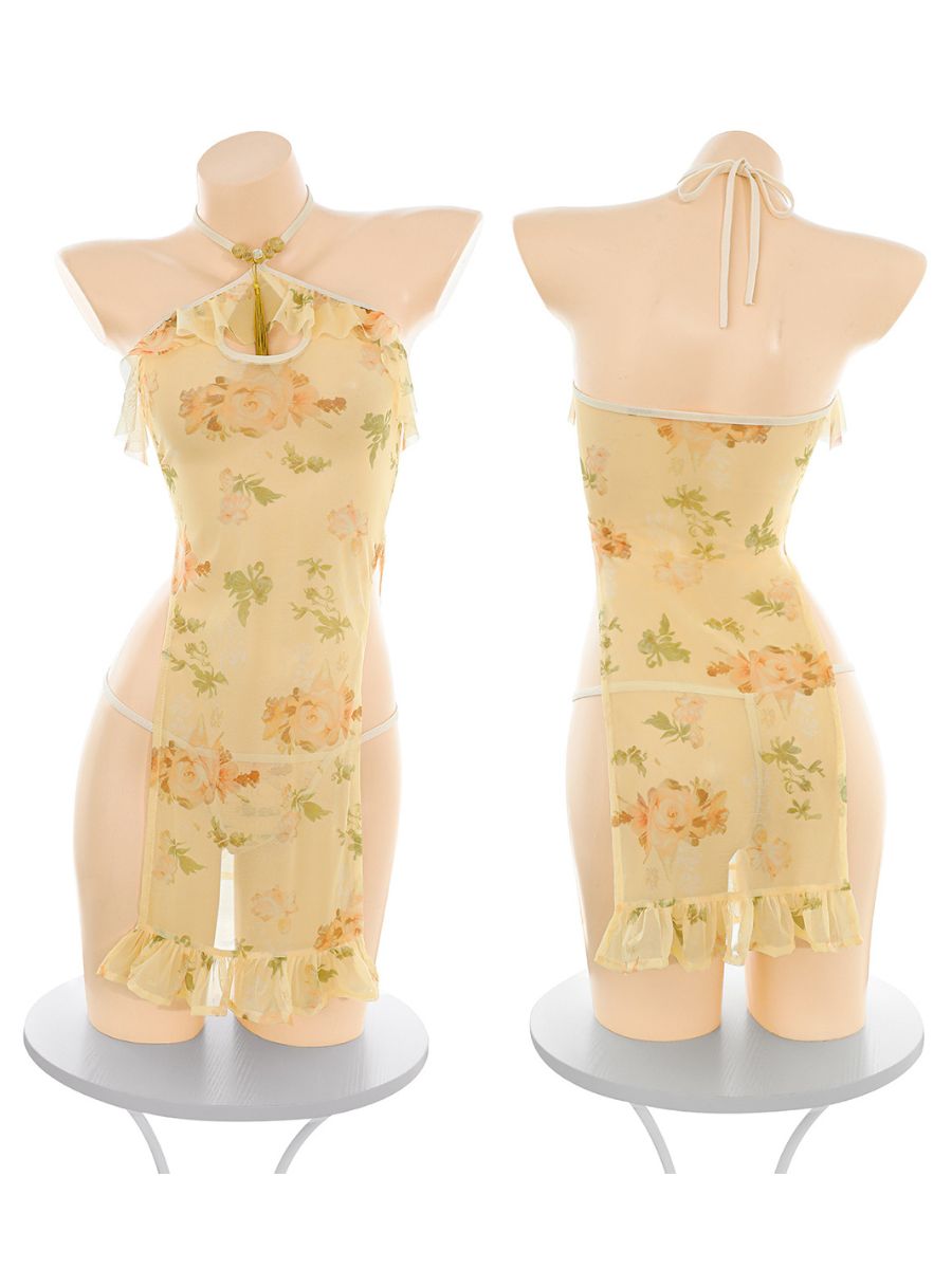 Floral Print Sheer Halter Cheongsam
