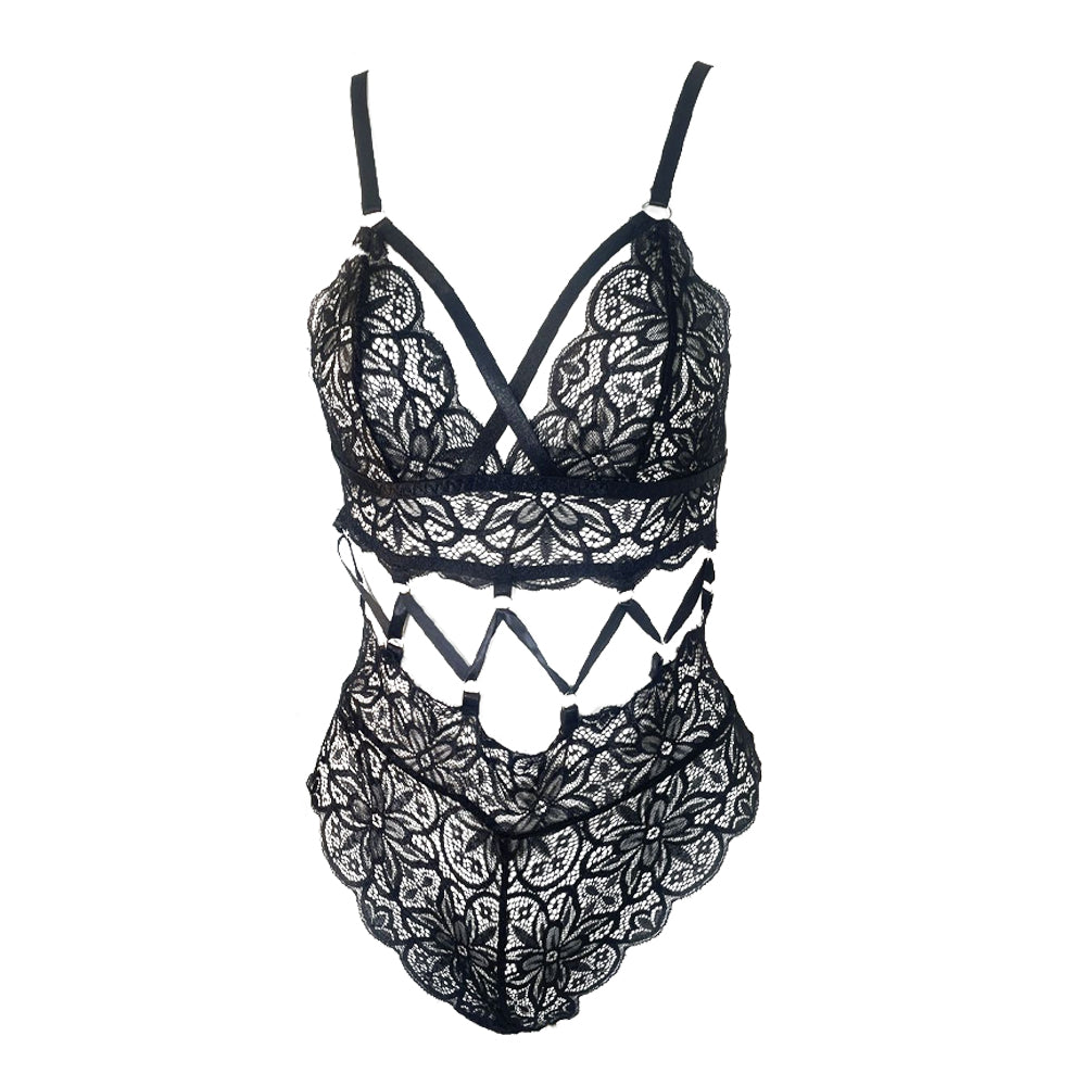 Cut Out Lace Teddy Strappy One Piece Lingerie Lace Up Deep V Bodysuit