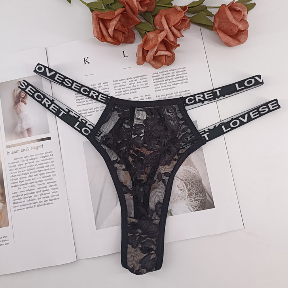 Double Straps Lace Panty Sheer Mesh "LOVE SECRET" Print Hipster Women Briefs