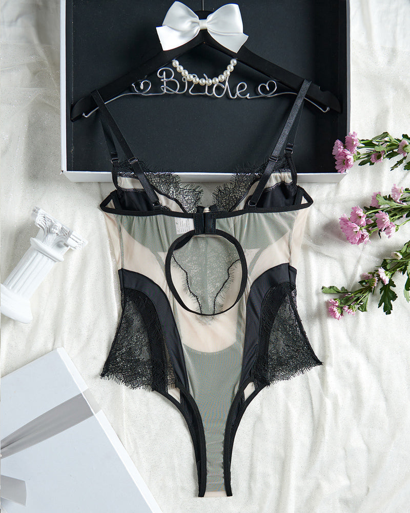 Mesh See-Through Lace Patchwork Colorblock Bodysuit