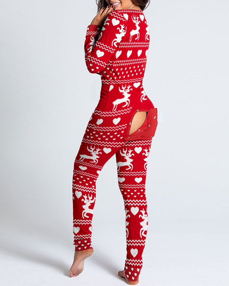 Christmas Deep V-neck Long-sleeved Back Button Closure Jumpsuit PJajama