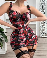 Floral Mesh See-Through Backless Suspender Nightdress
