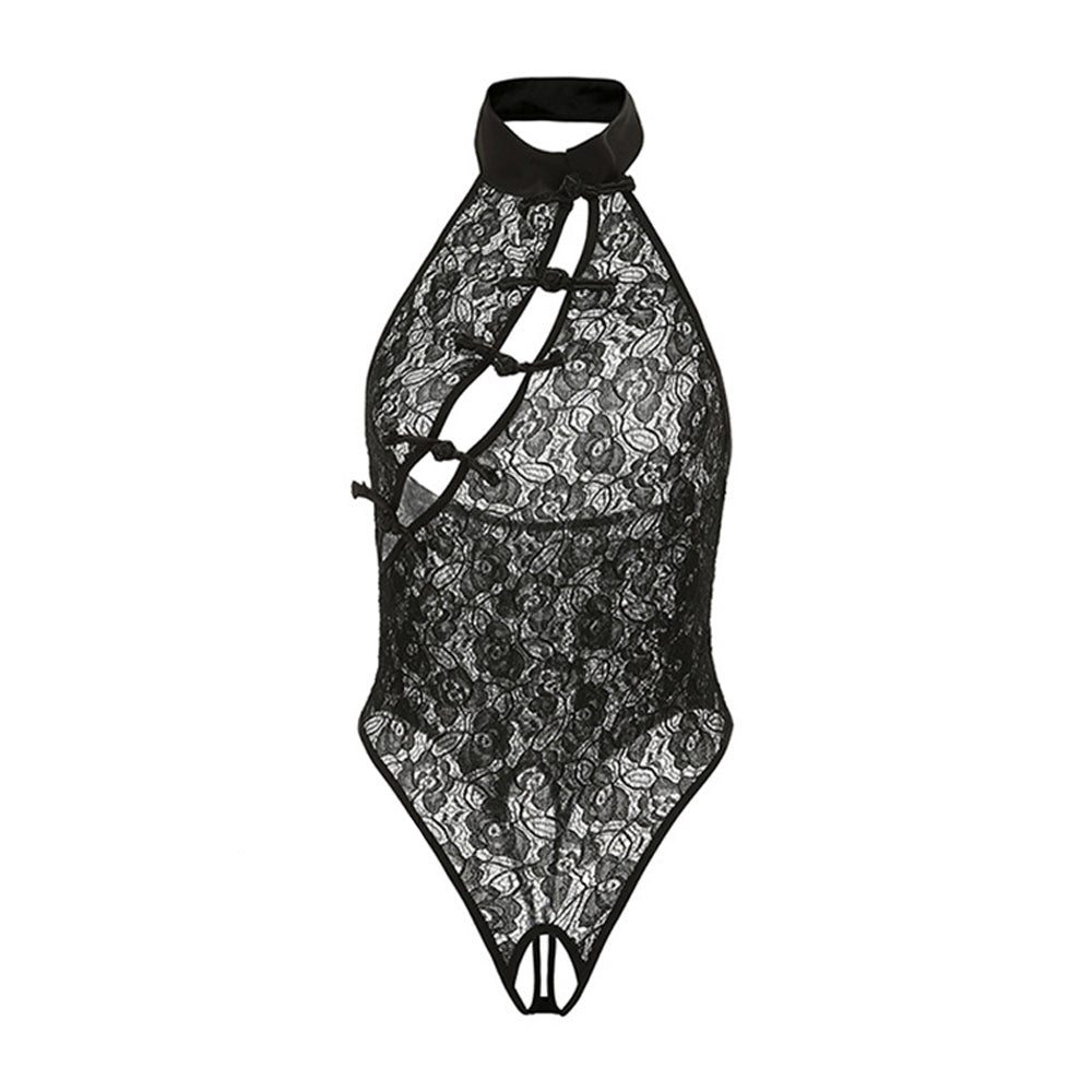 Chinese Lingerie Black Crotchless Teddy Bodysuit One Piece Lace Babydoll Nightie