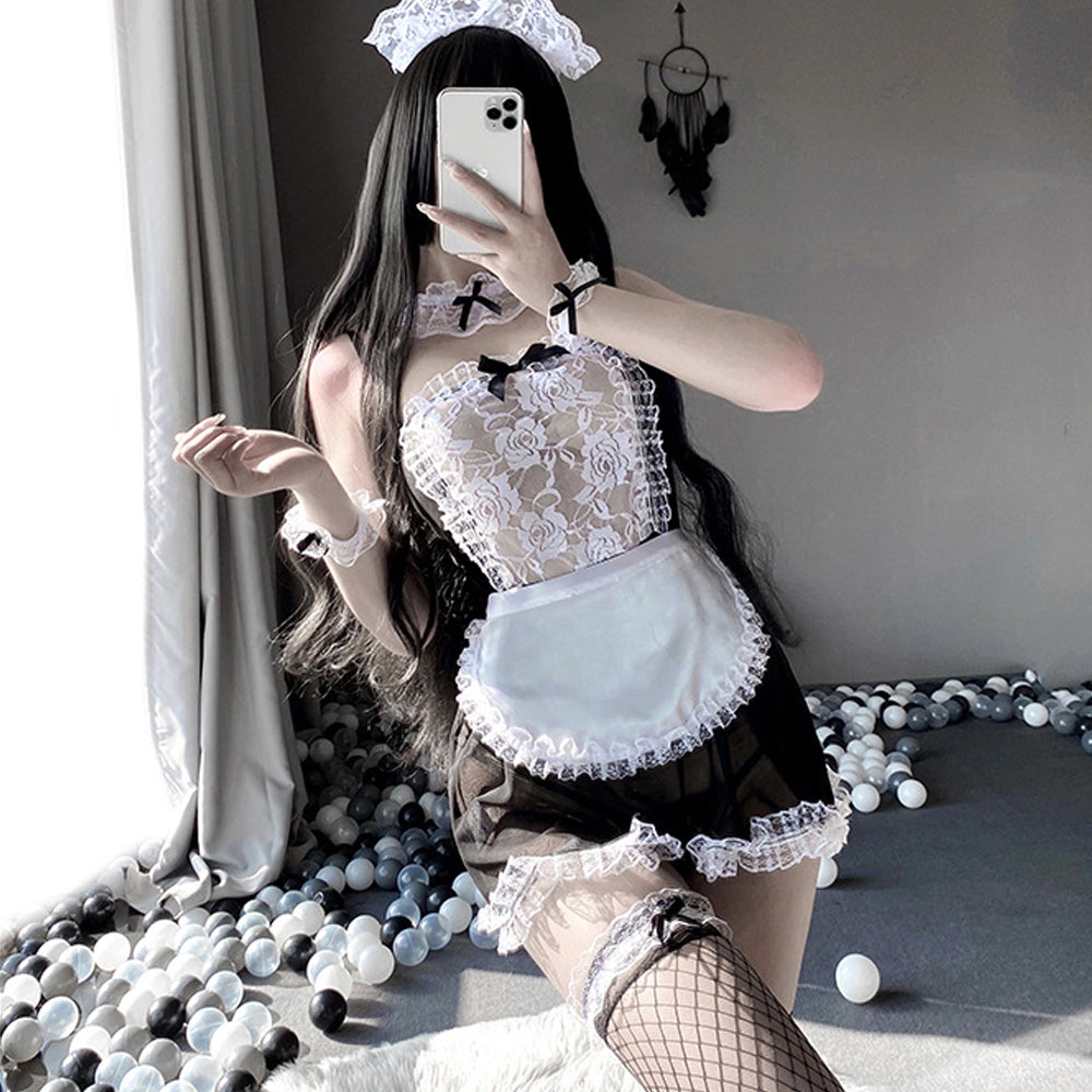 French Maid Costume Transparent Lace Teddy Outfit Babydoll Lingerie
