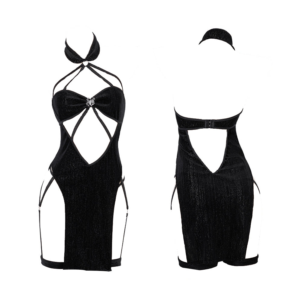 Chinese Strappy Dress Black Anime Lingerie Cosplay Costume High Slit Clubwear Party Outfits
