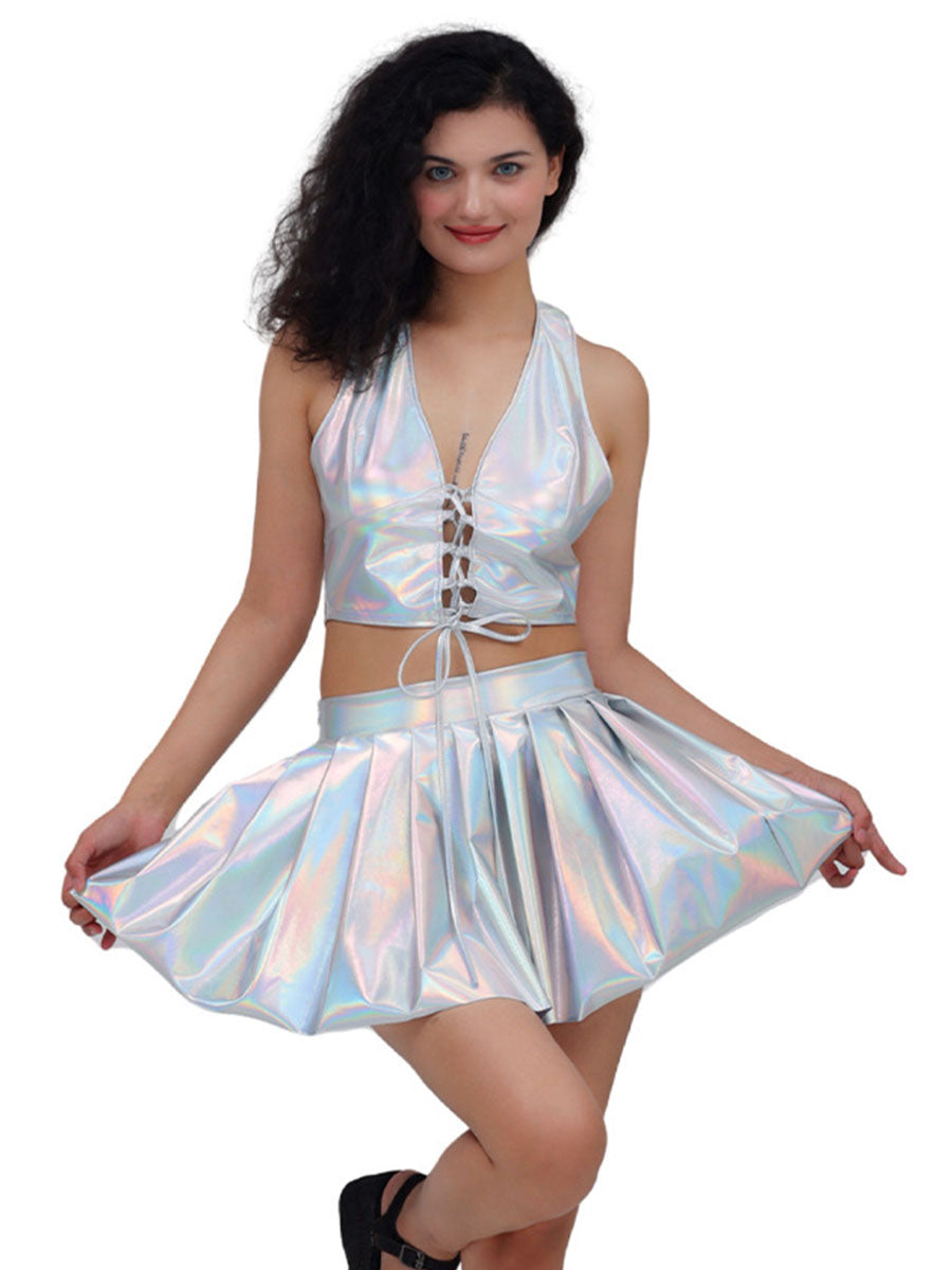 Metallic Lace-up Two Piece Rave Outfit