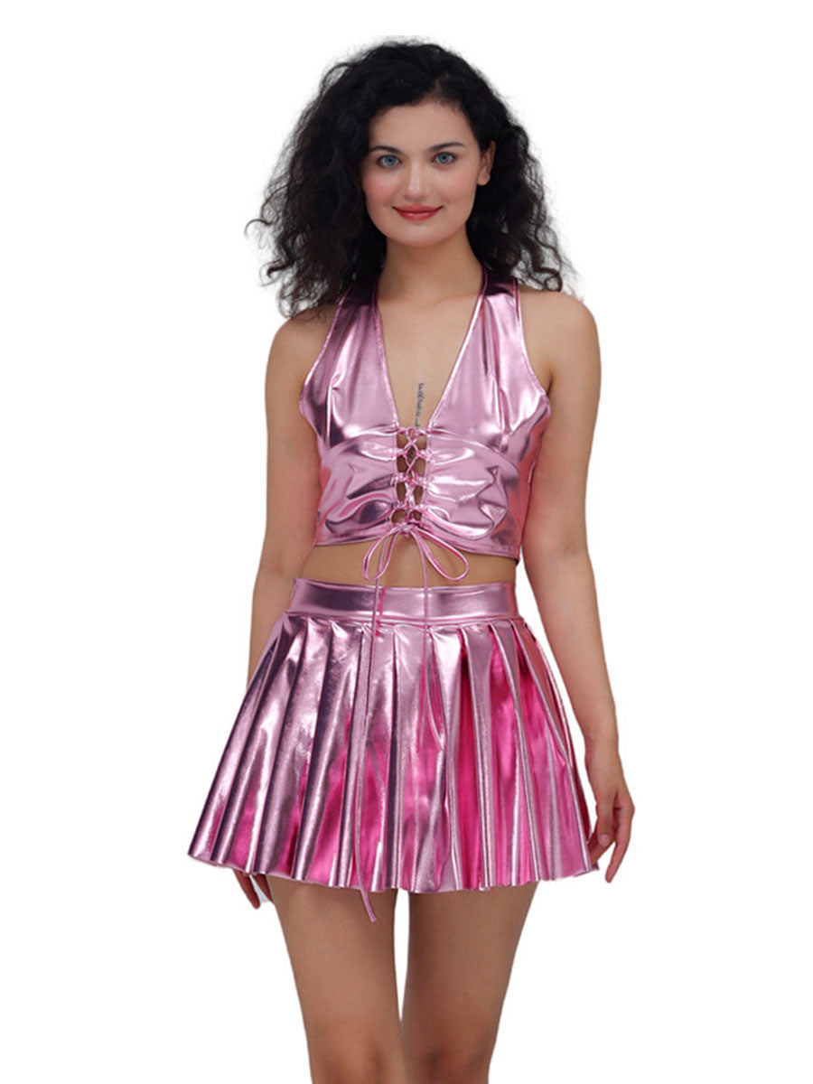 Metallic Lace-up Two Piece Rave Outfit