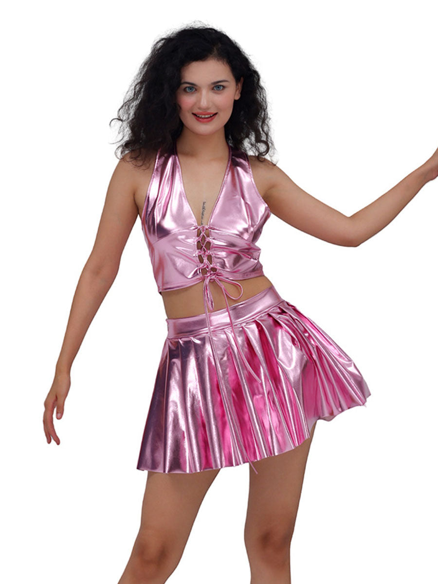 Metallic Lace-up Two Piece Rave Outfit