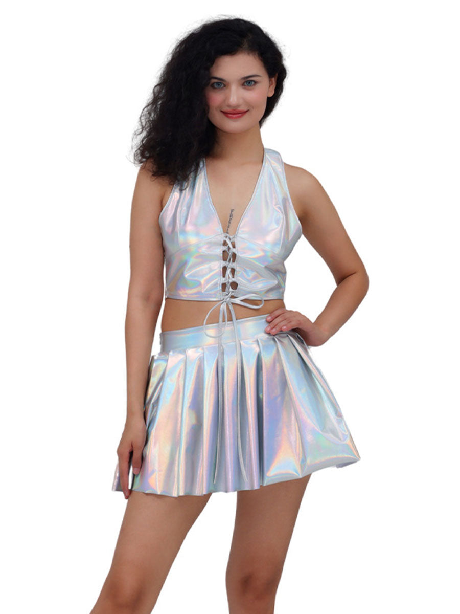 Metallic Lace-up Two Piece Rave Outfit