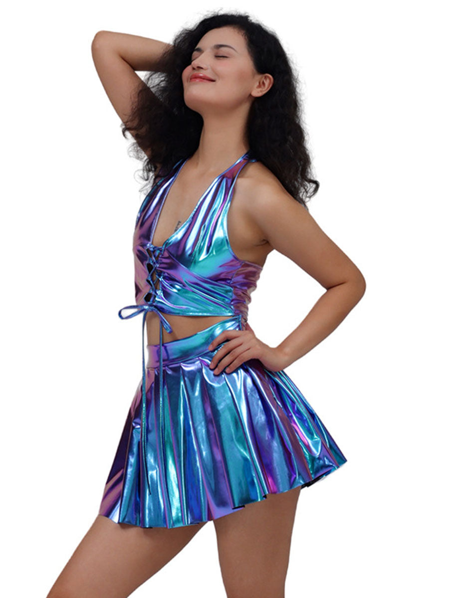 Metallic Lace-up Two Piece Rave Outfit