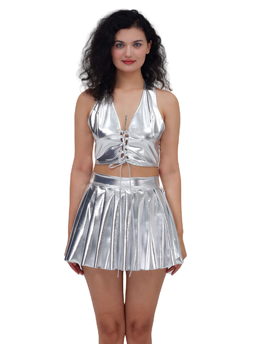 Metallic Lace-up Two Piece Rave Outfit