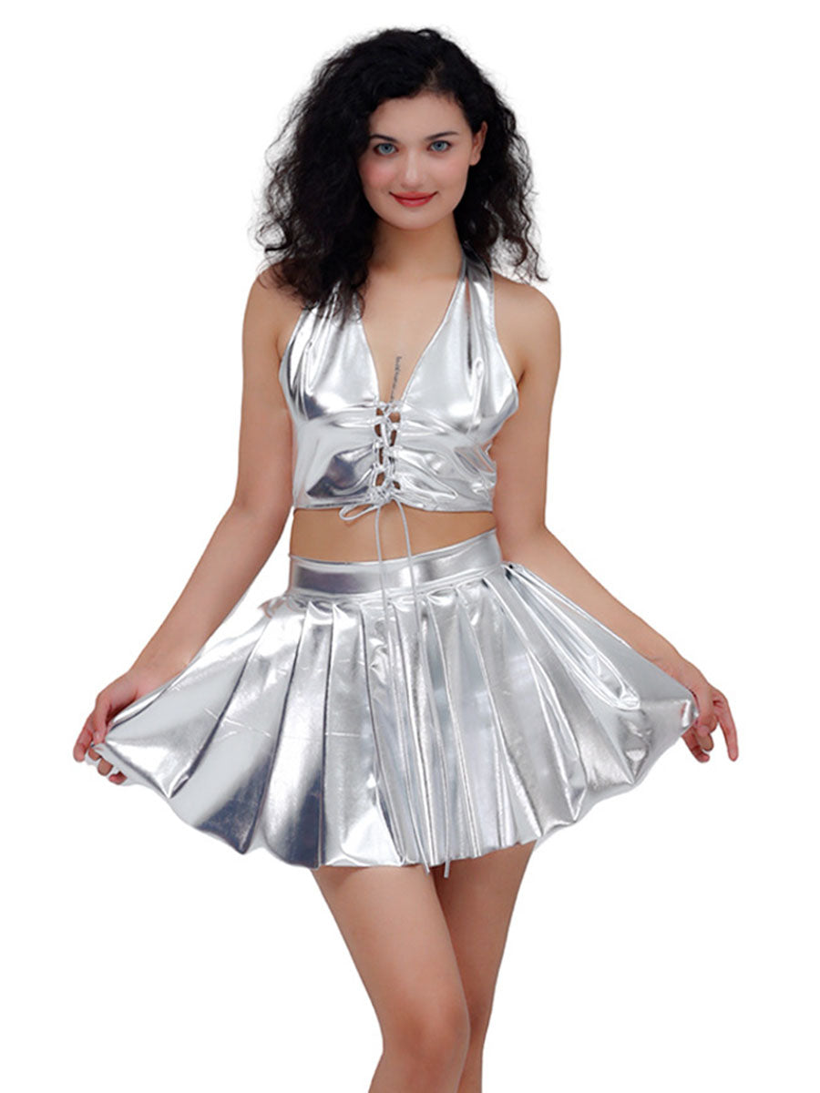 Metallic Lace-up Two Piece Rave Outfit