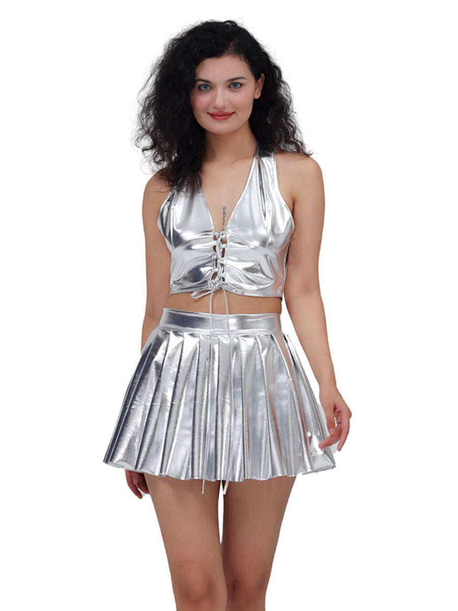 Metallic Lace-up Two Piece Rave Outfit