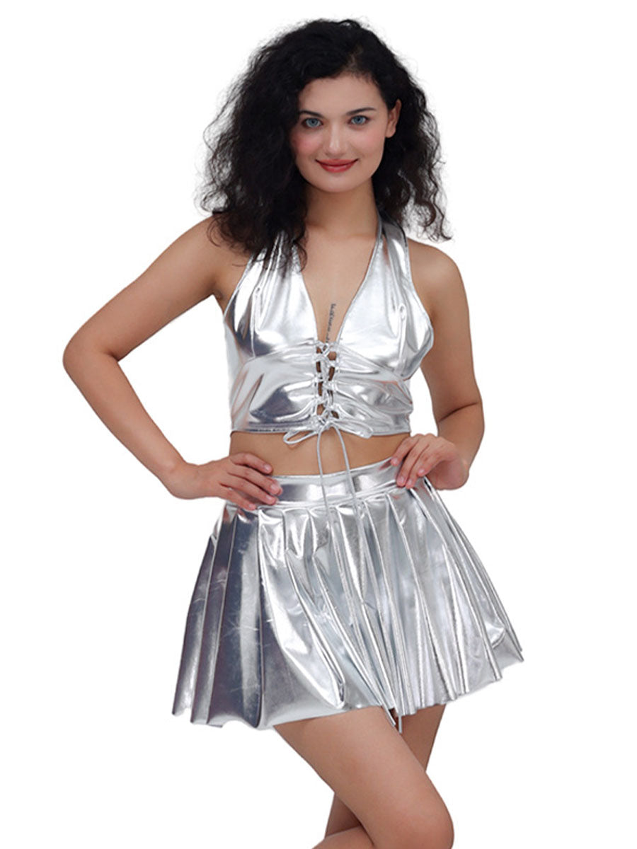 Metallic Lace-up Two Piece Rave Outfit