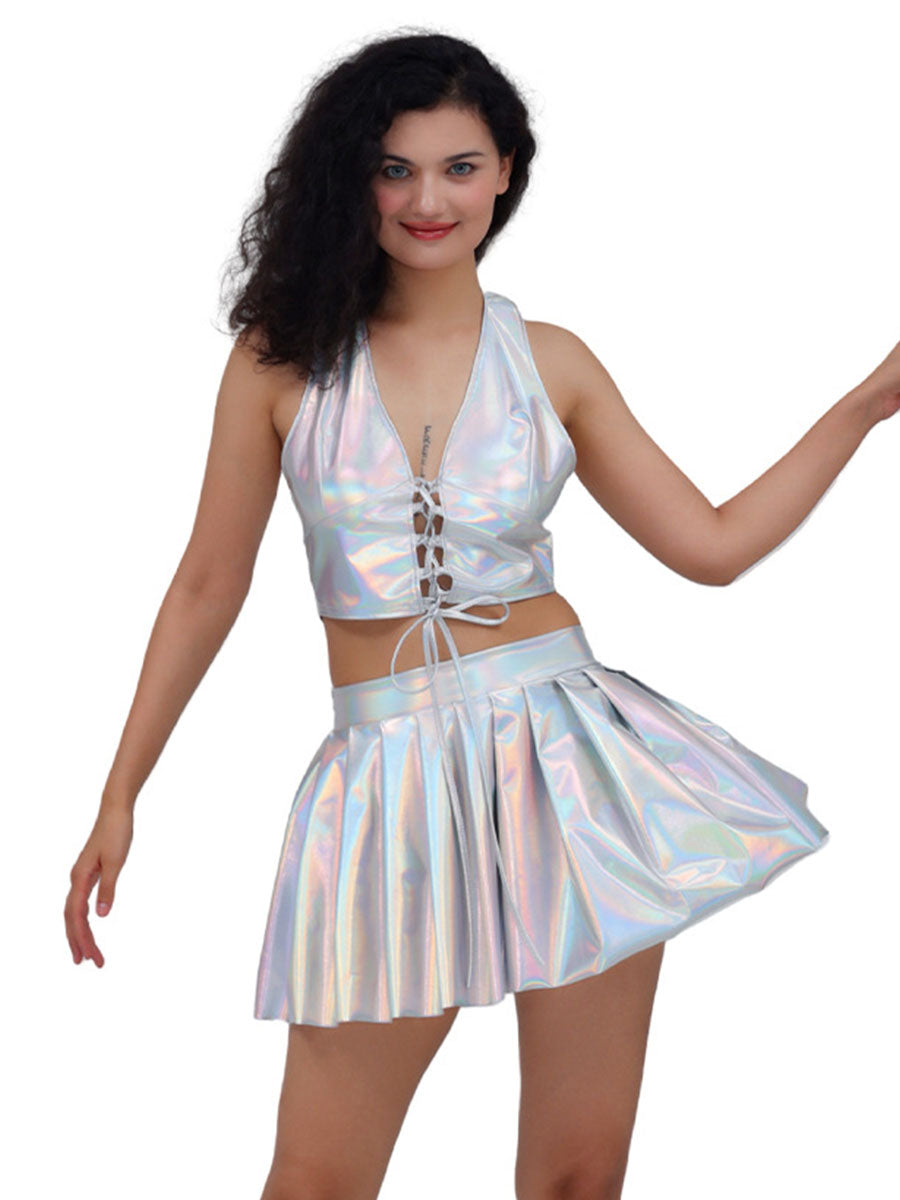 Metallic Lace-up Two Piece Rave Outfit