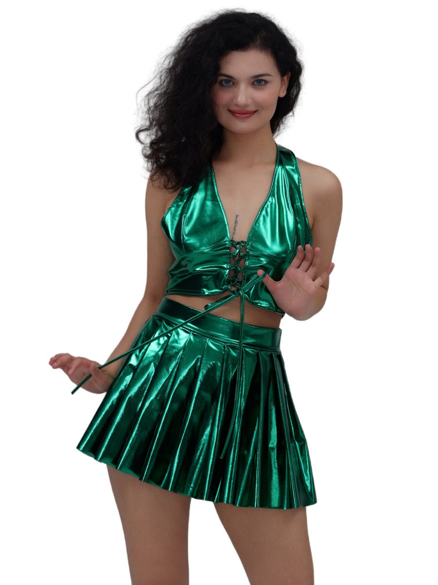 Metallic Lace-up Two Piece Rave Outfit