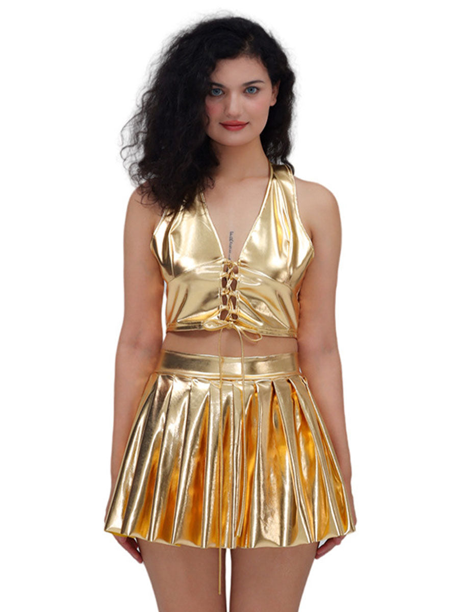 Metallic Lace-up Two Piece Rave Outfit