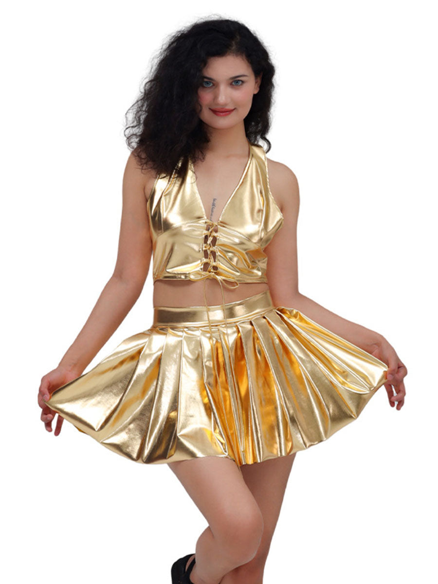 Metallic Lace-up Two Piece Rave Outfit