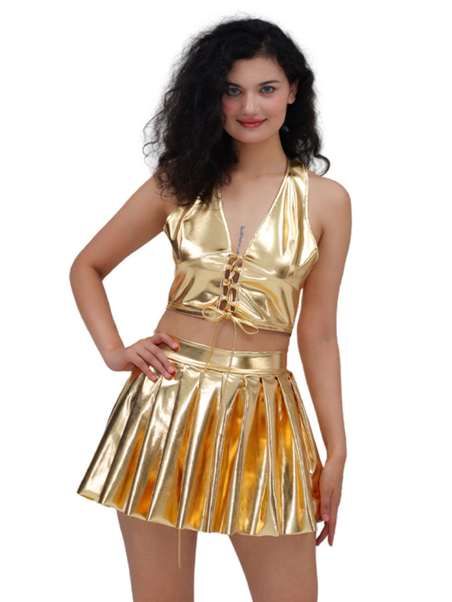 Metallic Lace-up Two Piece Rave Outfit