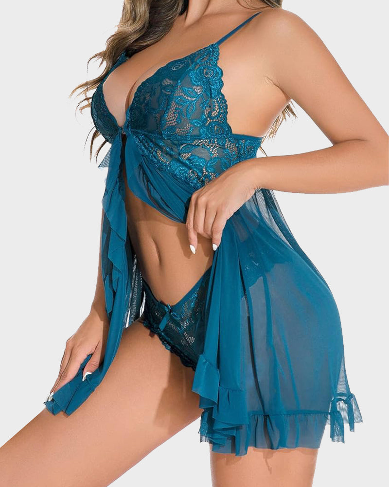 Lace Mesh See-Through Nightgown with Matching Thong
