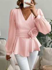 Waist-Cinching V-Neck Blouse with 3D Floral Details