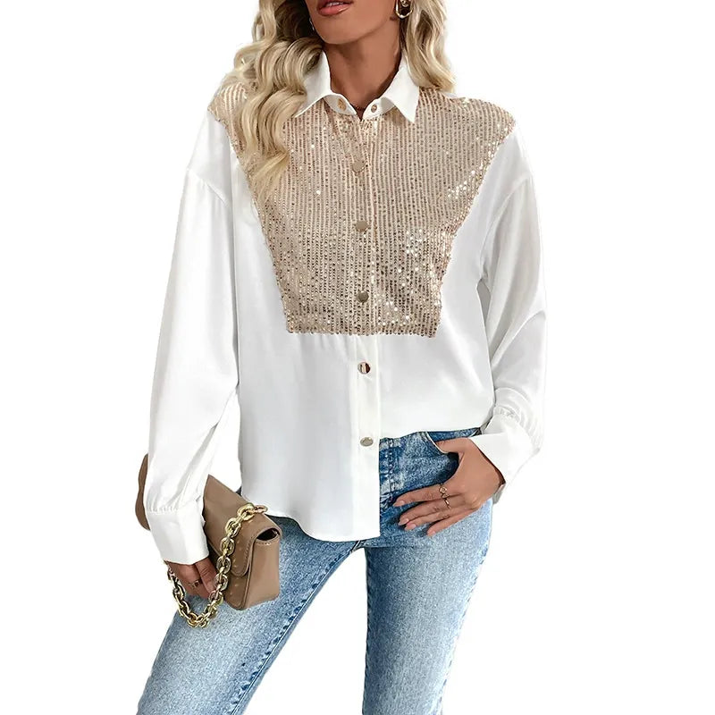 Collared Sequined Shirt Top