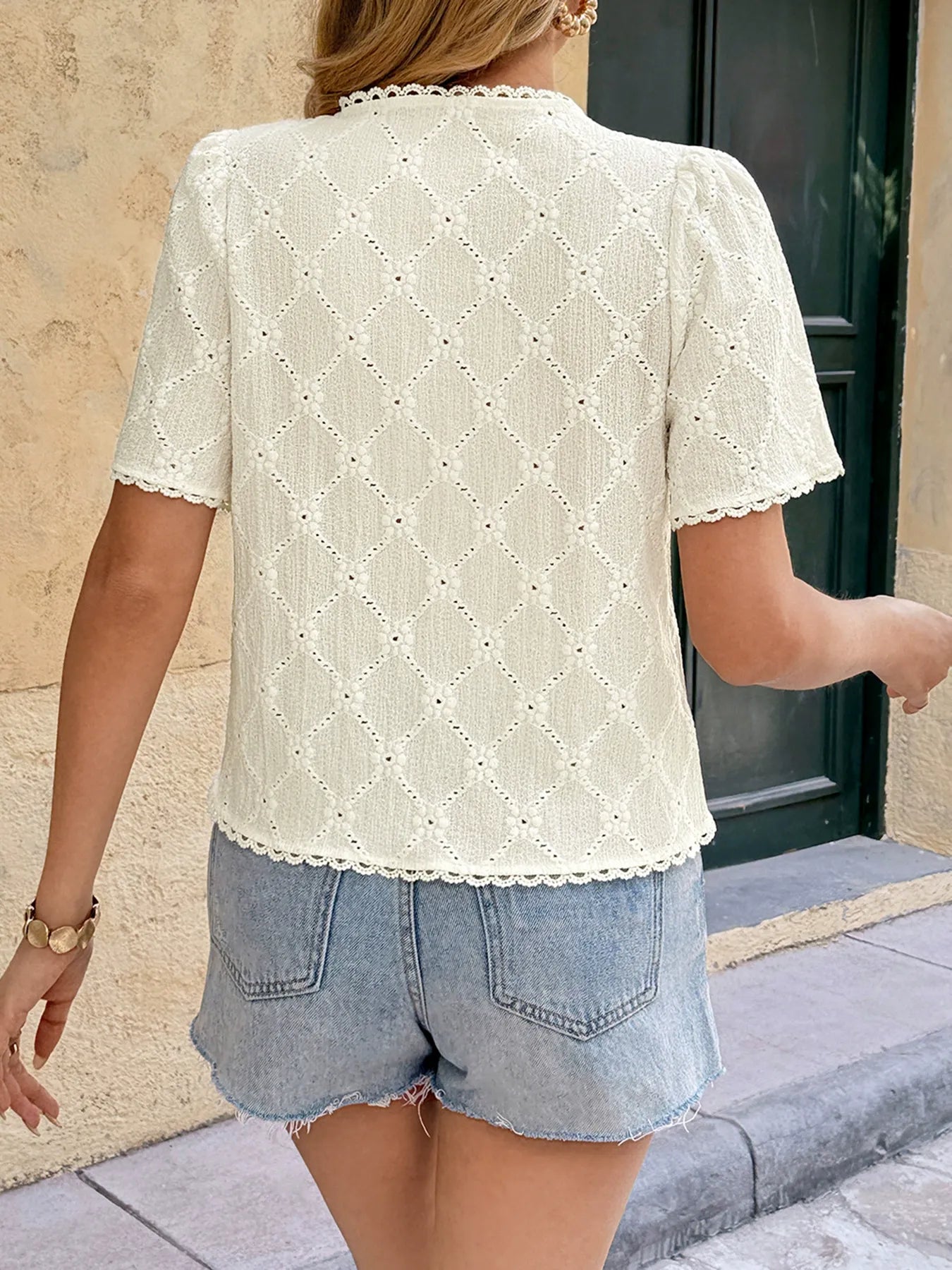 V-Neck Casual Jacquard Lace-Trimmed Cardigan
