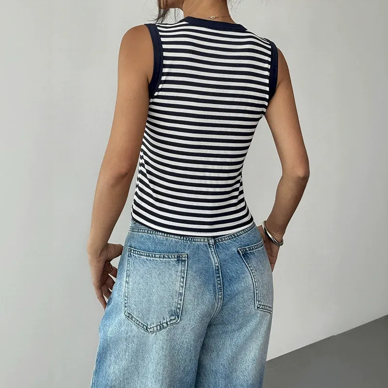 Striped Sleeveless Cropped Knit Top