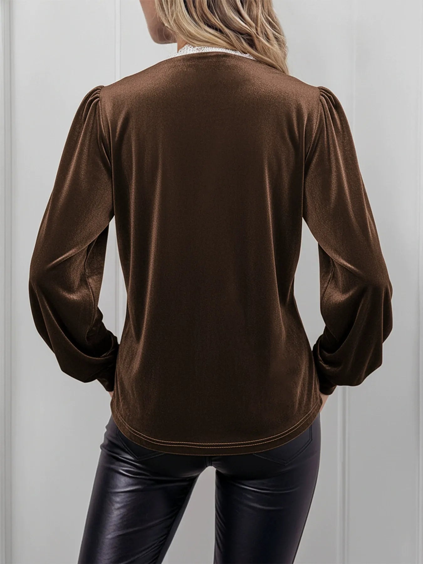Lace-Trimmed V-Neck Velvet Shirt For Women