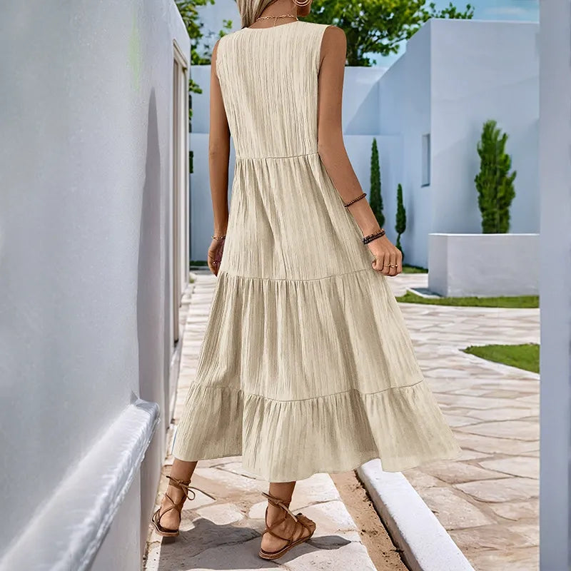 Solid-Color V-Neck Textured Dress