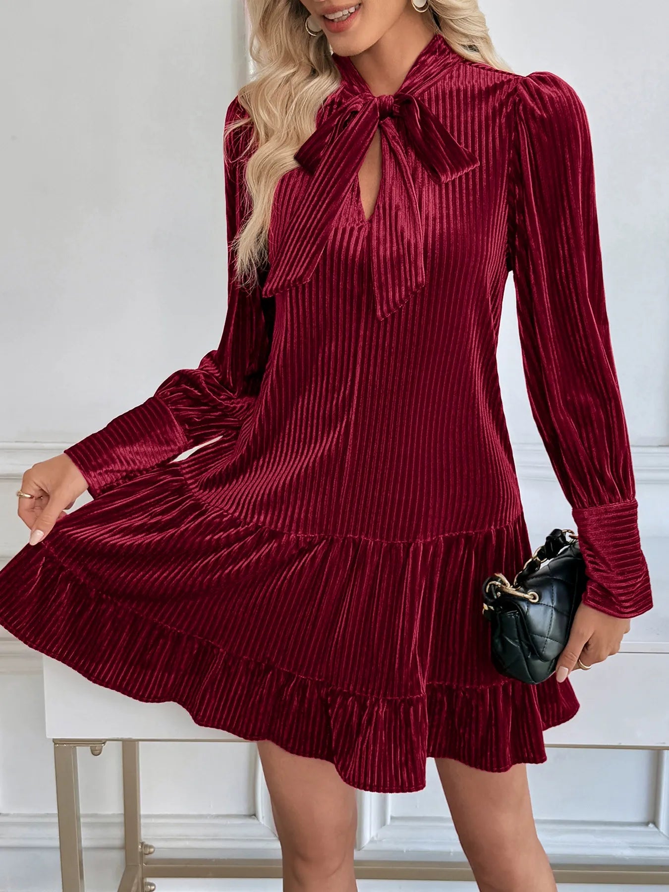 Red Velvet Lantern-Sleeve Dress