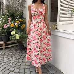 Romantic Pink Rose-Print Halter Maxi Dress